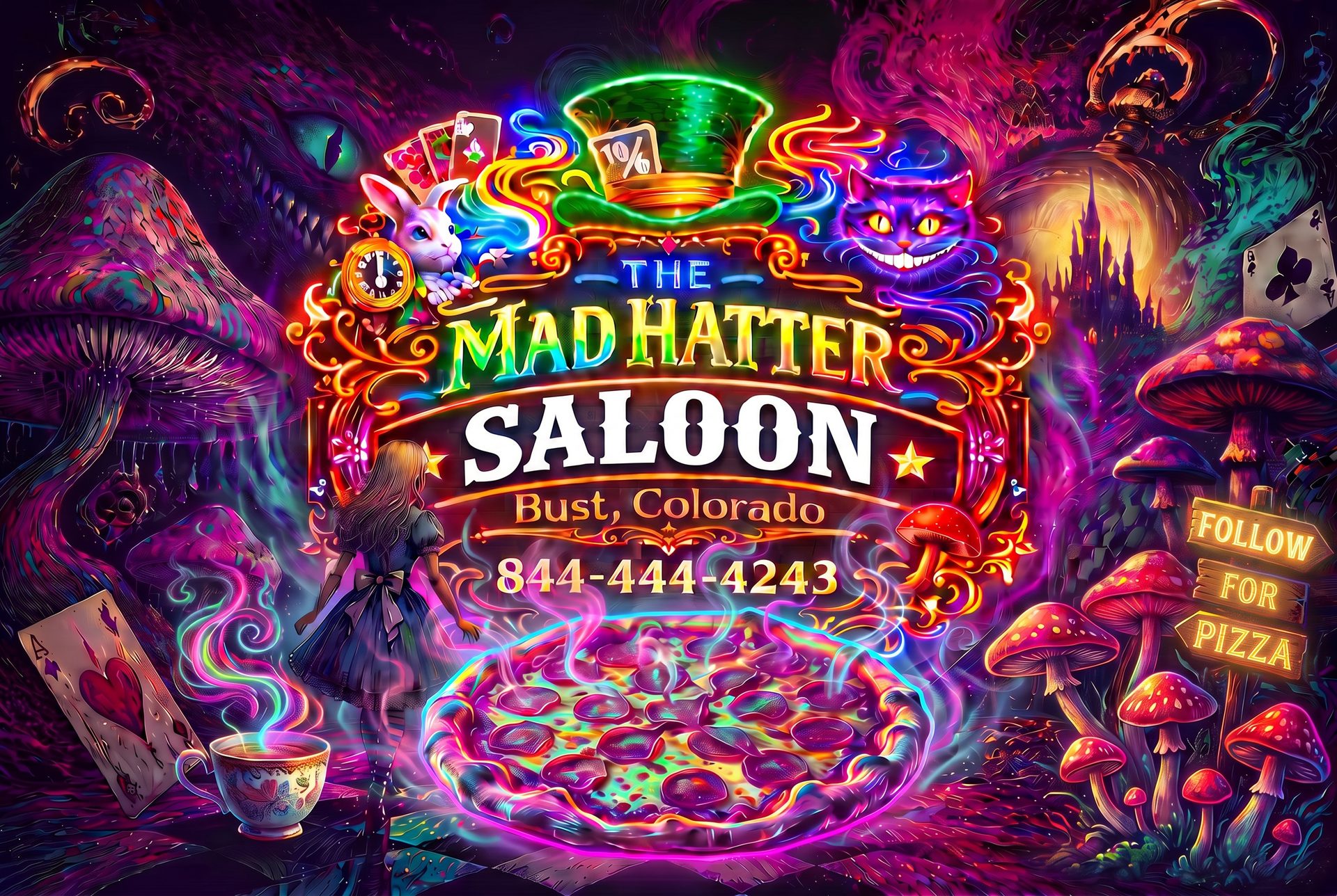 The Mad Hatter Saloon sign with wood-fired pizza, Alice in Wonderland theme, in Cascade, Colorado