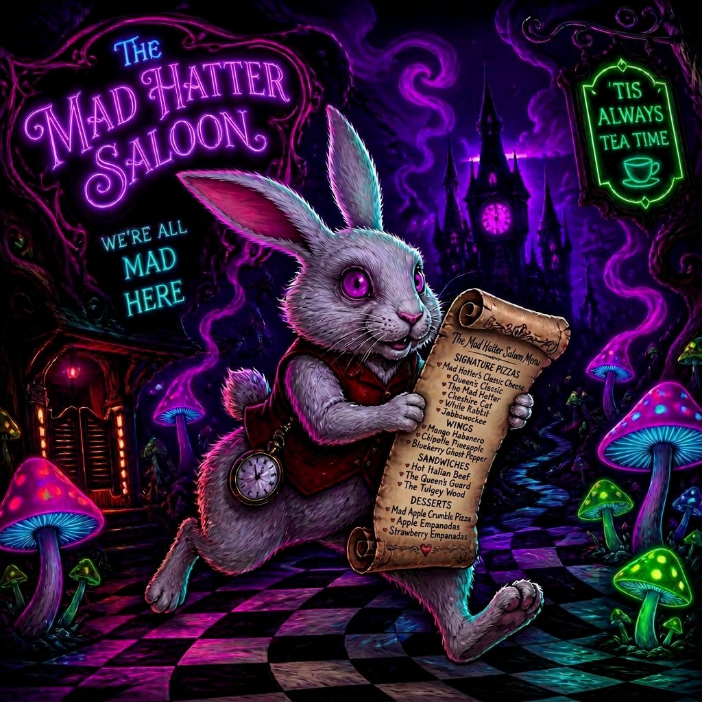 A mischievous white rabbit in a red waistcoat racing off with The Mad Hatter Saloon's scroll menu across a neon Wonderland scene